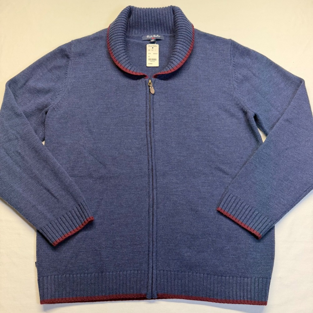 Brooks Brothers Cardigan XL Blue Merino Wool Mens Full Zip Shawl Collar NWT